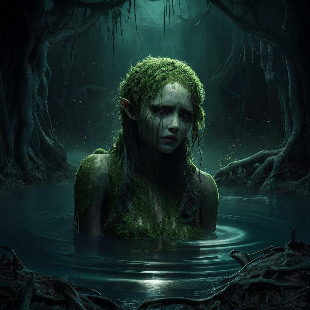 Create a hyperdetailed, photorealistic image of a sad looking swamp nymph covered with moss, emerging from a haunted swa...