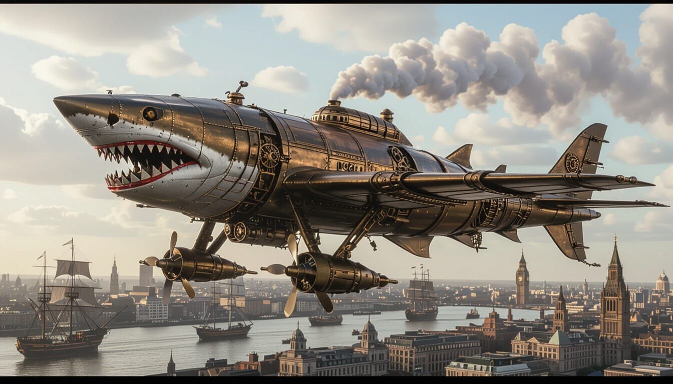 Steampunk Shark Aircraft Soars Over Victorian London