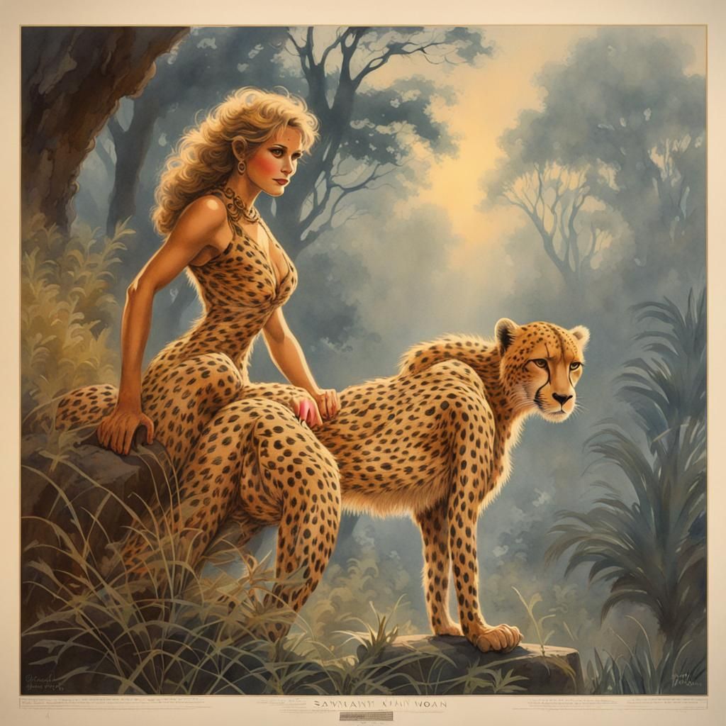 Vintage Cheetah Woman Screenprint in Watercolor Style