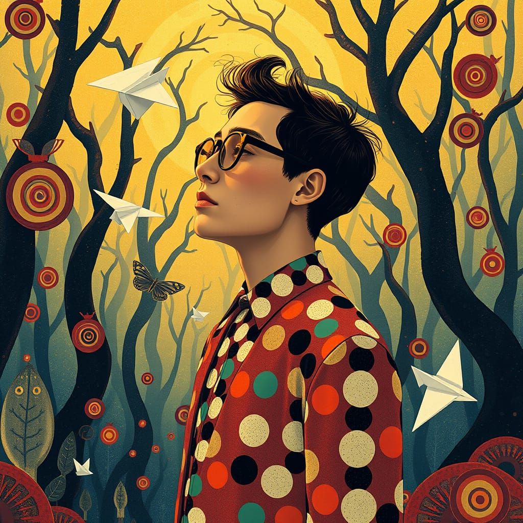 Man in Polka Dots in Dreamlike Forest