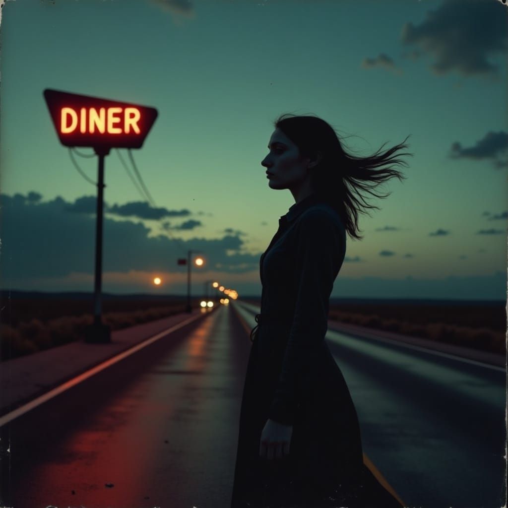 Film Noir Diner at Dusk: Lone Traveler on Highway