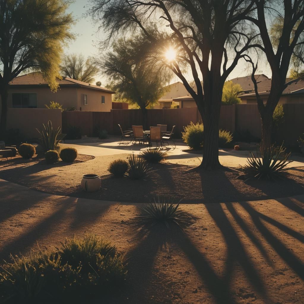 Arizona Suburban Yard at Dusk in Cinematic Style