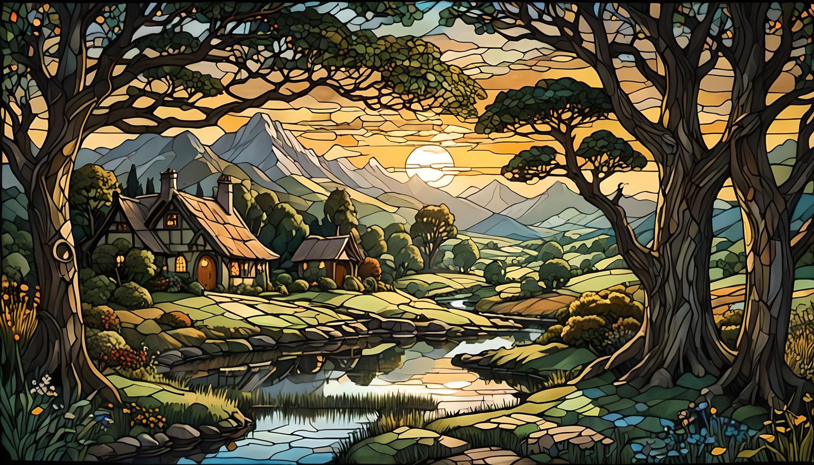 Stained Glass Hobbit Shire Landscape at Sunrise
