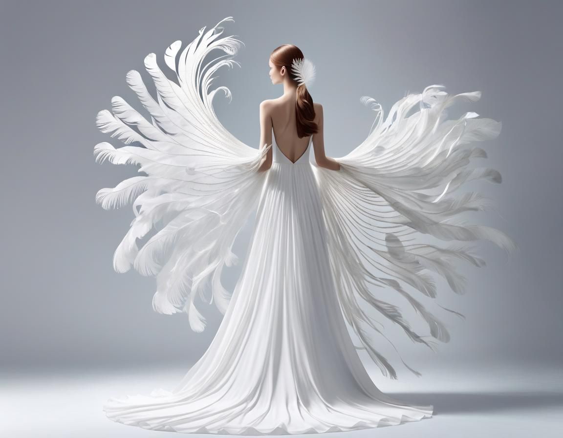 Woman in White Dress with Peacock Feather Extension