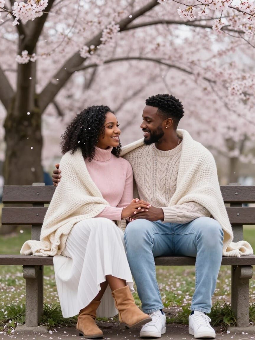 Romantic Couple Under Cherry Blossoms in Spring