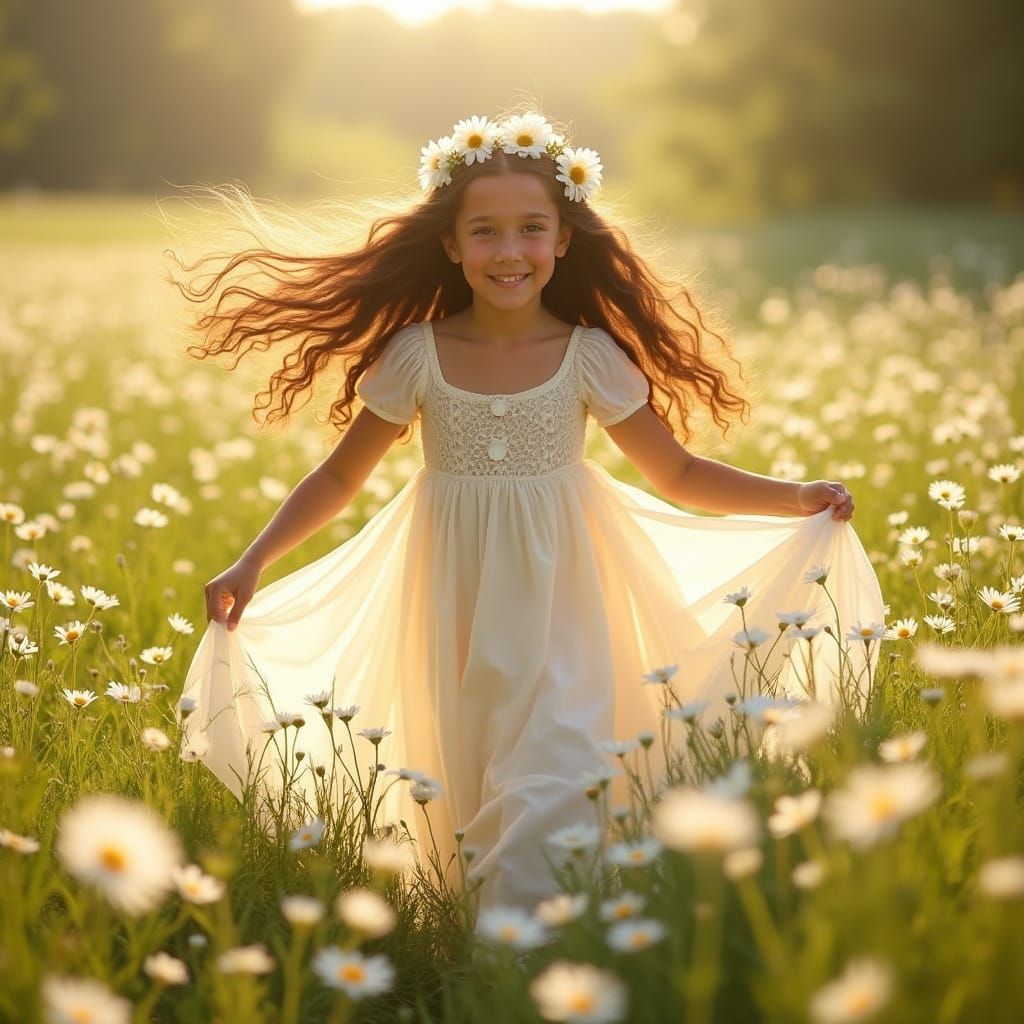 Whimsical Girl Dancing in a Sun-Drenched Daisy Field in a Wa...