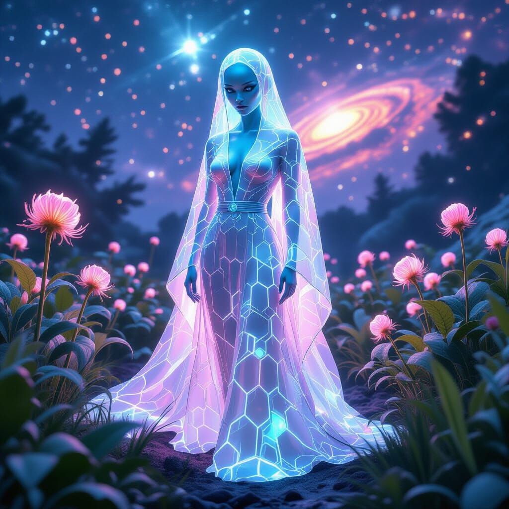 Opalescent Alien in Bioluminescent Garden, Ethereal Portrait