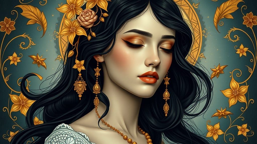 Ethereal Woman in Alabaster Skin Blends Art Nouveau and Surr...