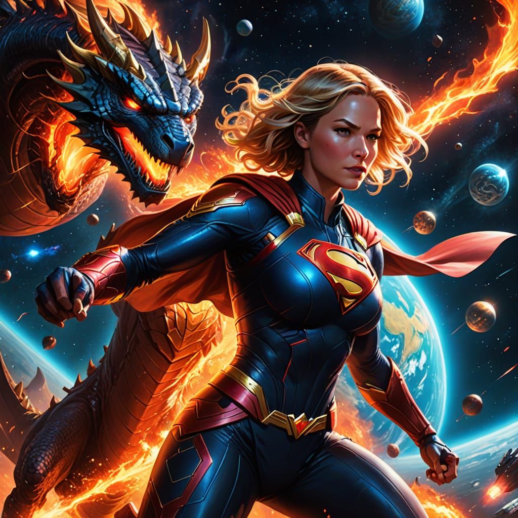 Supergirl Battles Space Dragon in Comic Book Style