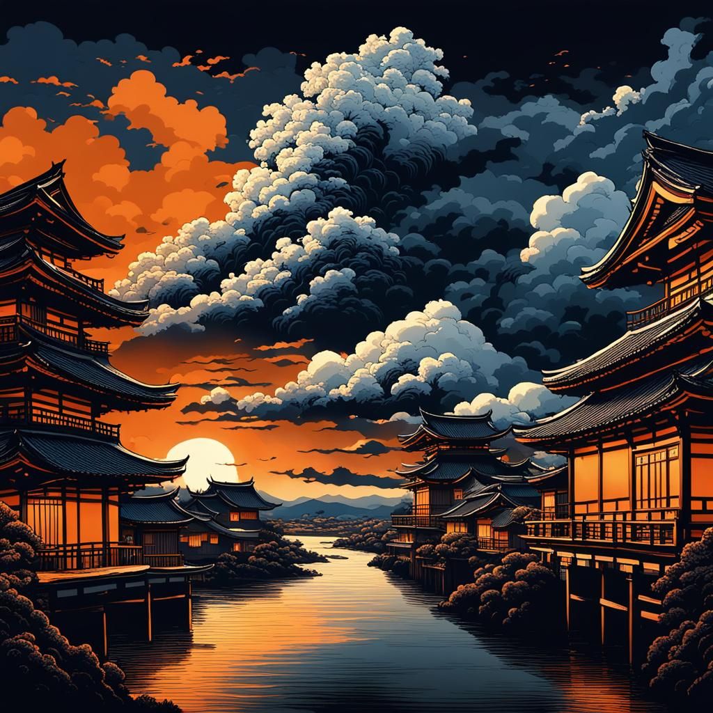 Night Village in Hokusai Japanese Art Style