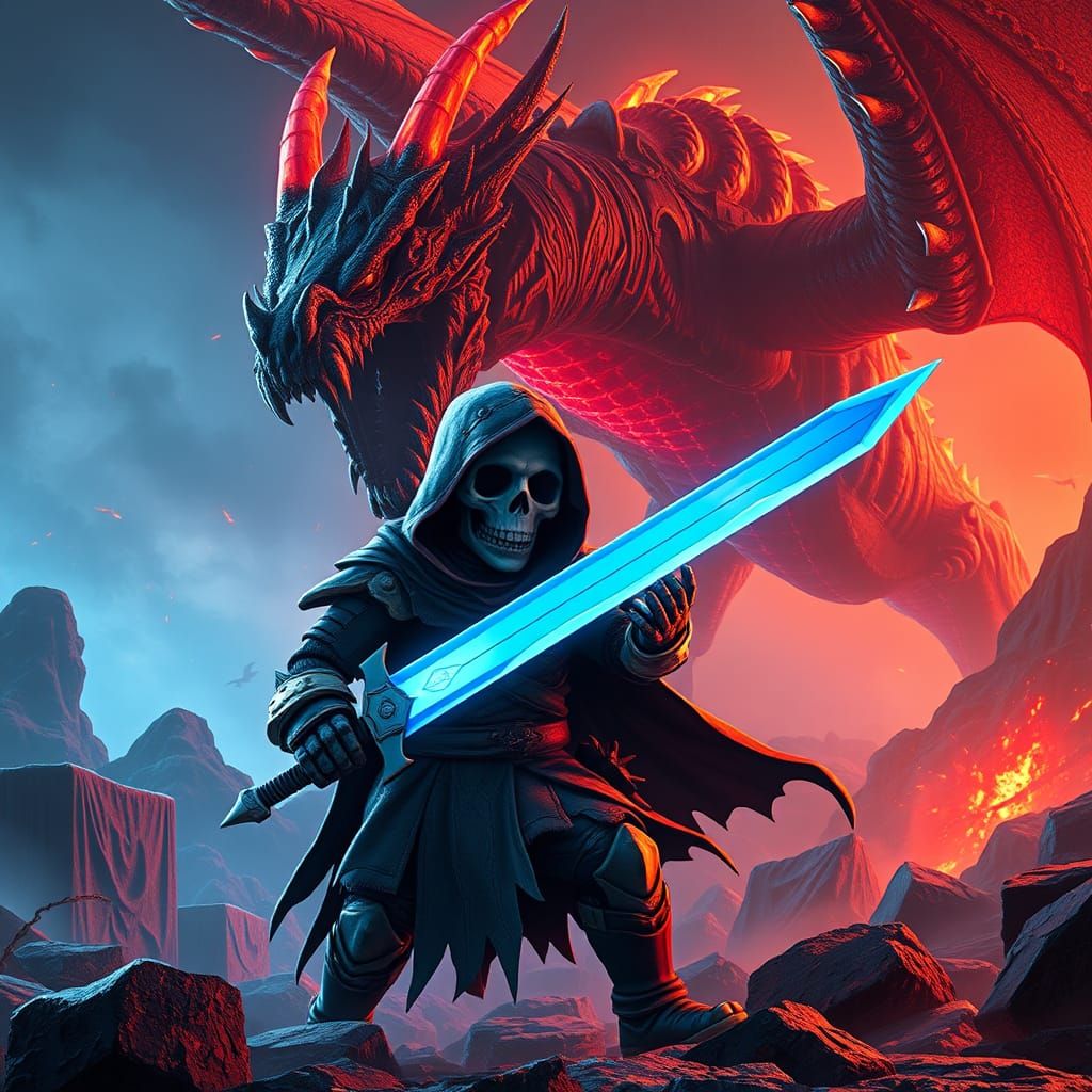 Epic Fantasy Warrior Battles Glowing Dragon in Neon Landscap...