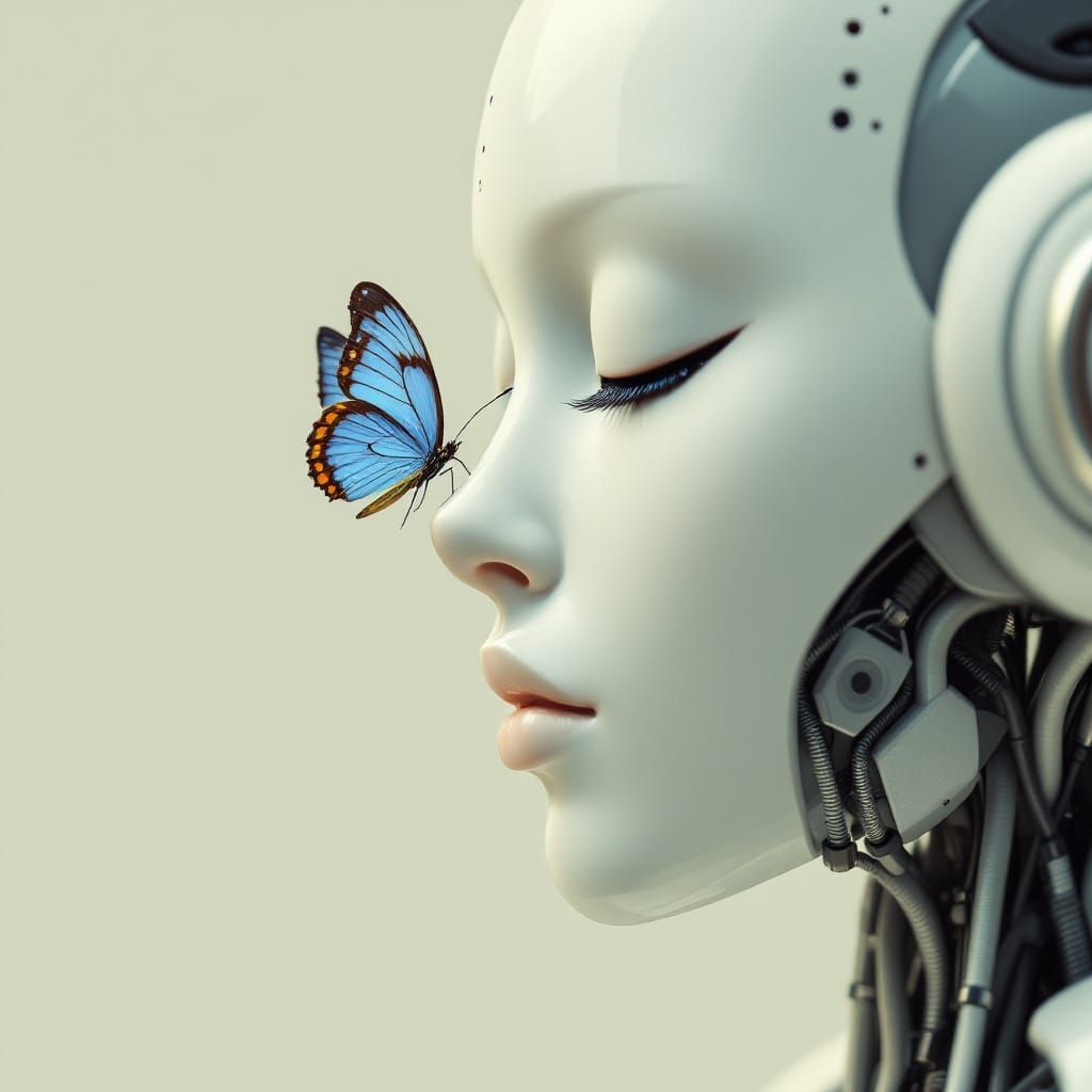 Minimalist Robot and Butterfly in Warm Earthy Tones
