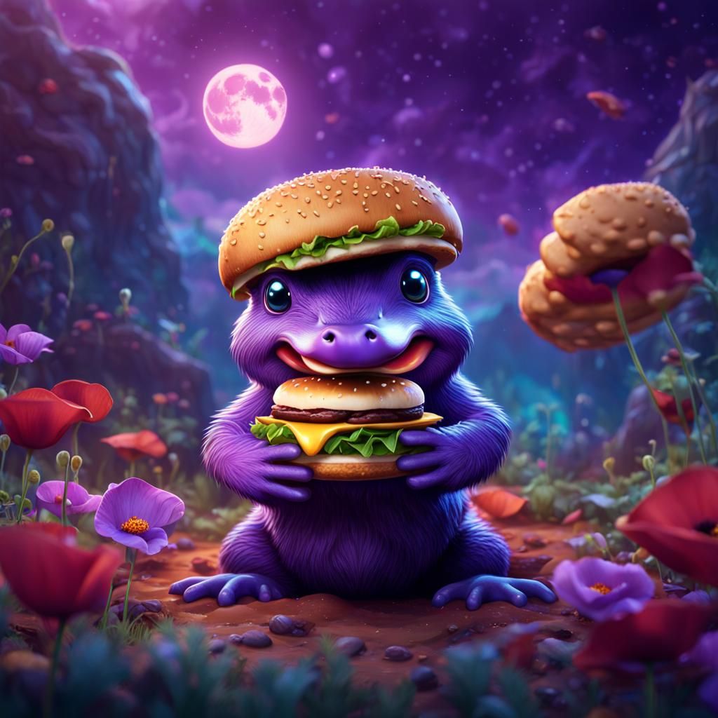 Cute Purple Platypus Eats Hamburger on the Moon