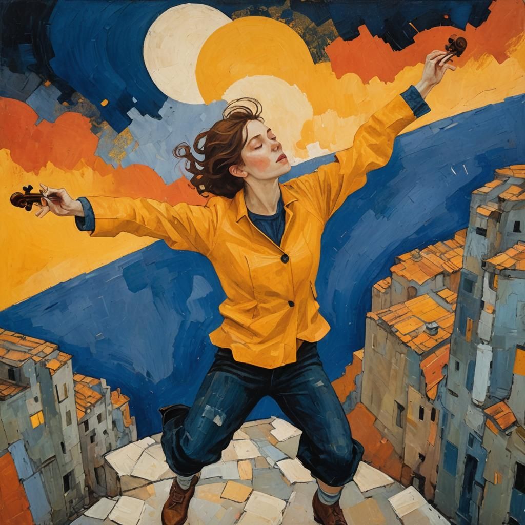 Violinist on a Desolate Street: Neo-Impressionist Oil Painti...