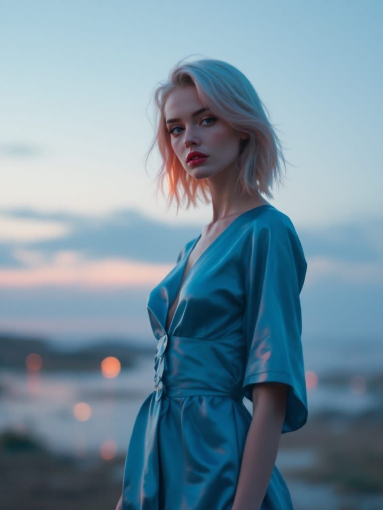 Blonde Woman with Pink Tipped Hair in Metallic Cyan Dress