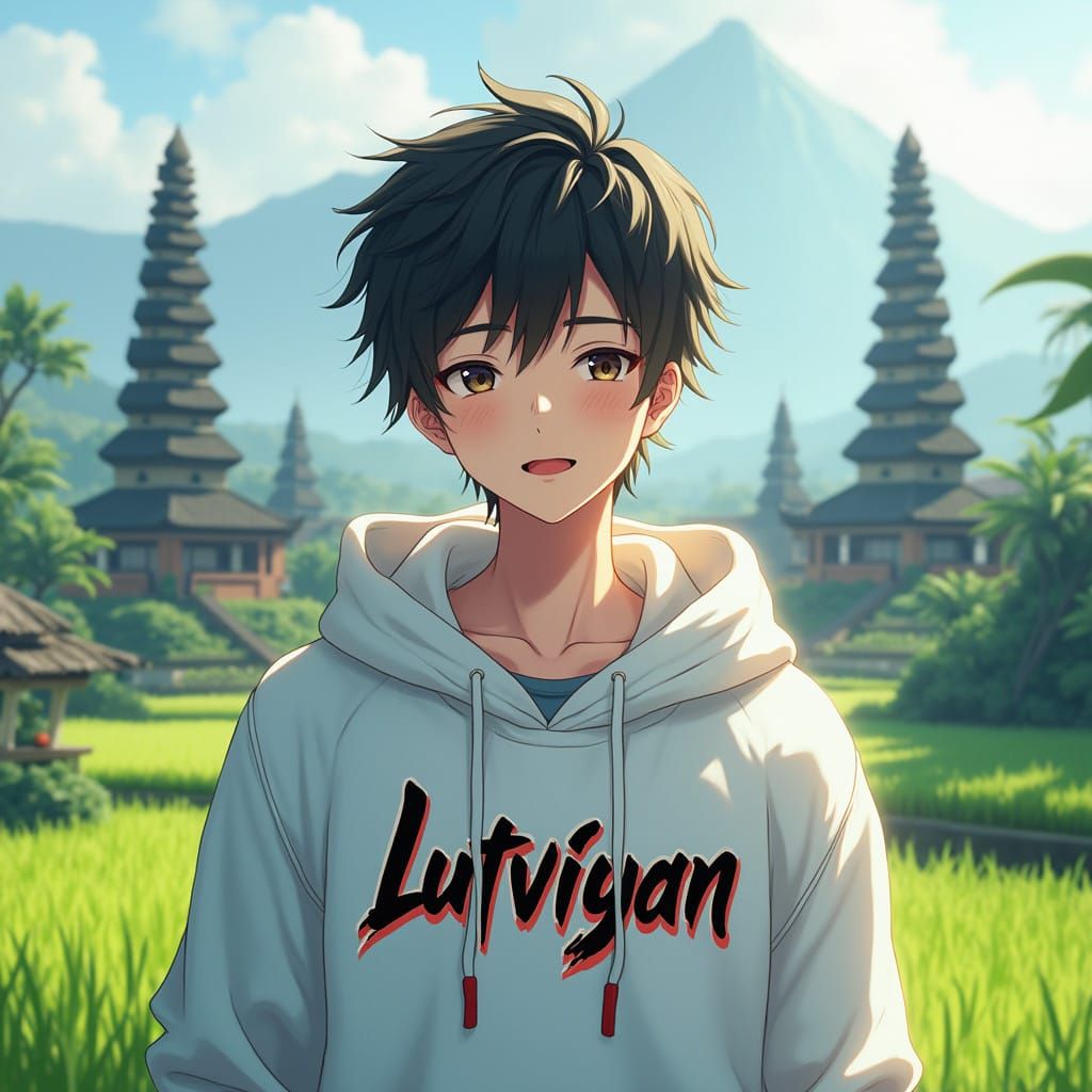 Young Man in Bali Landscape, Wearing White Hoodie with Graff...