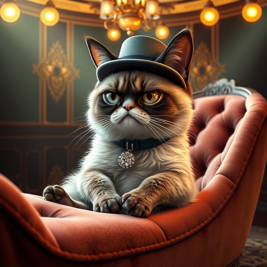 Old Hollywood Glamour Meets Feline Frustration in Anime Art