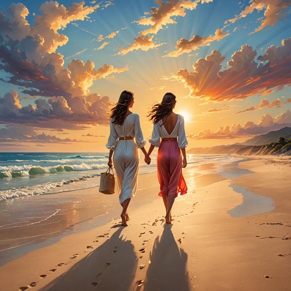 Beach Sunset: Women Walking Hand in Hand