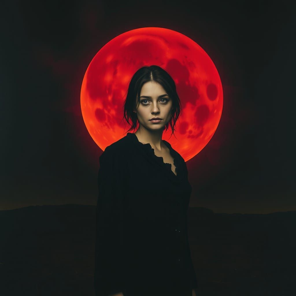 Ethereal Woman Lost in Melancholic Landscape with Blood-Red ...