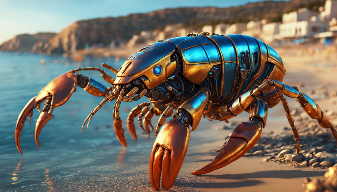 Robot Lobster on Sandy Beach in Greece