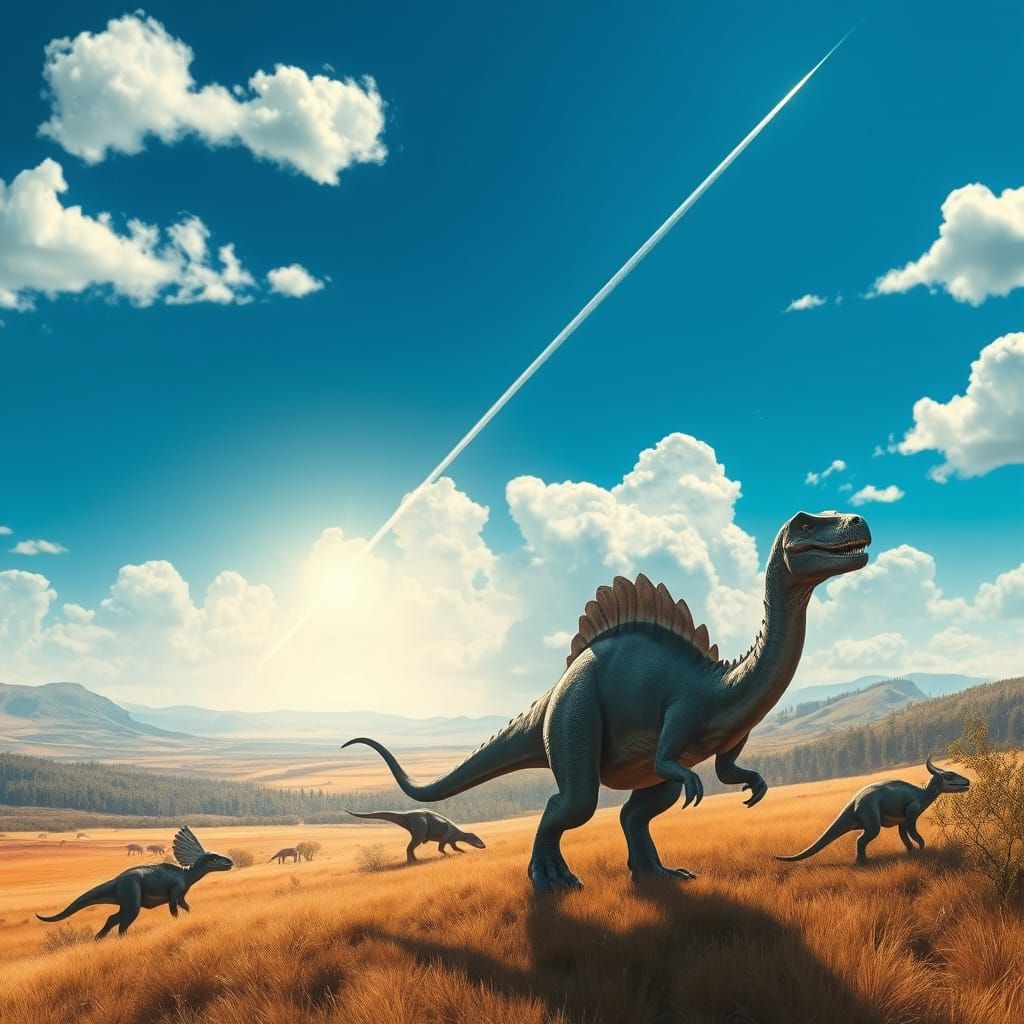 Prehistoric Plain with Dinosaurs and Approaching Meteor