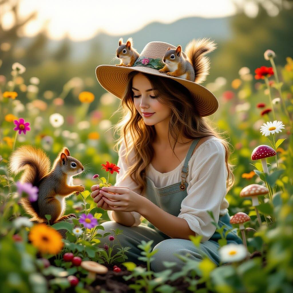 Young Woman Tends Magical Garden with Squirrels
