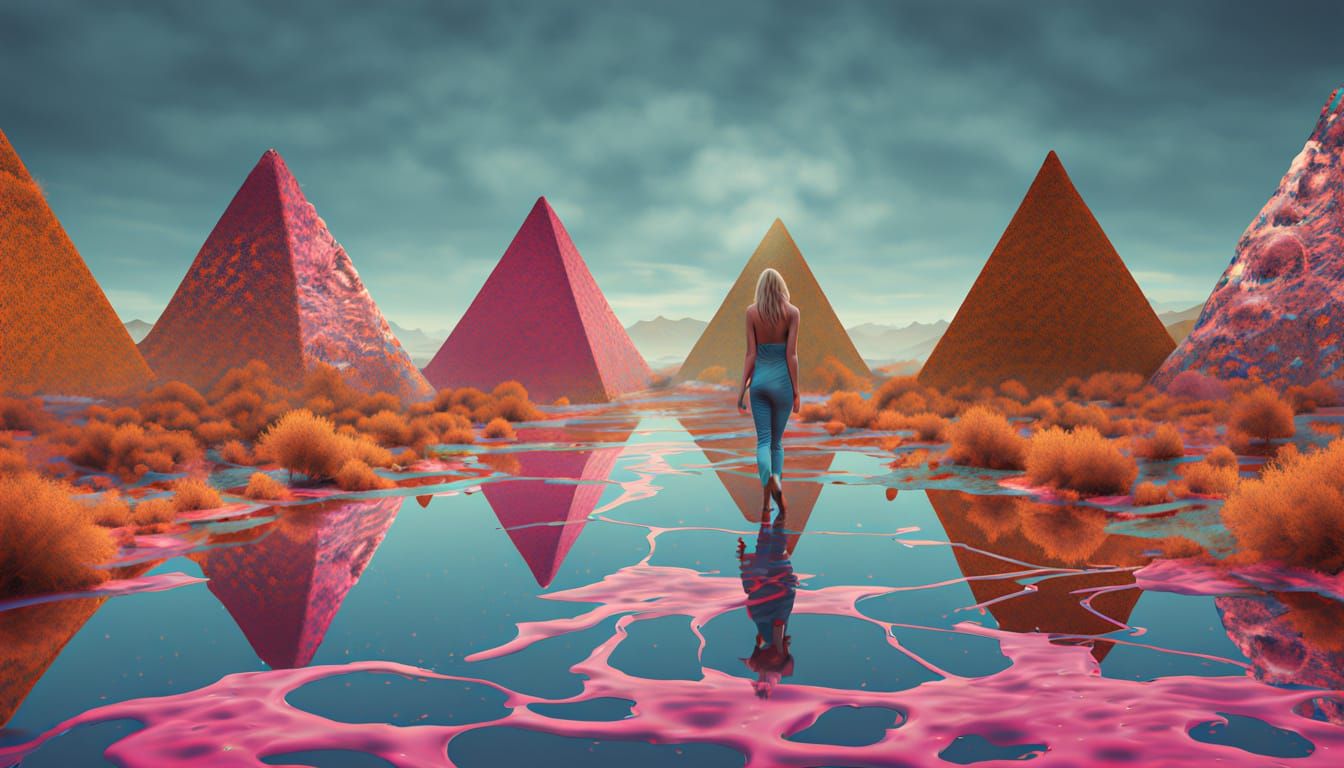 Mystical Liquid Woman on Surreal Pyramids