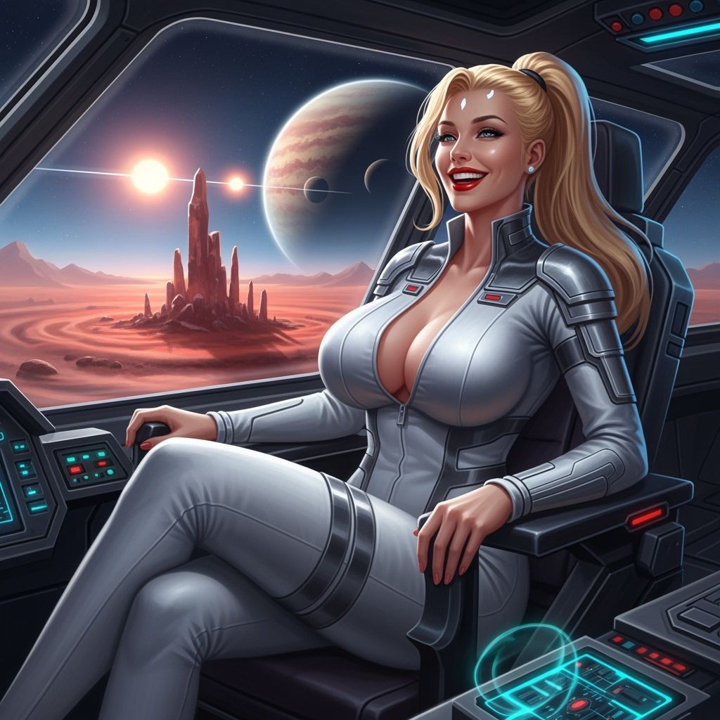Blonde Pleiadian Woman Smiling in Spaceship Cockpit