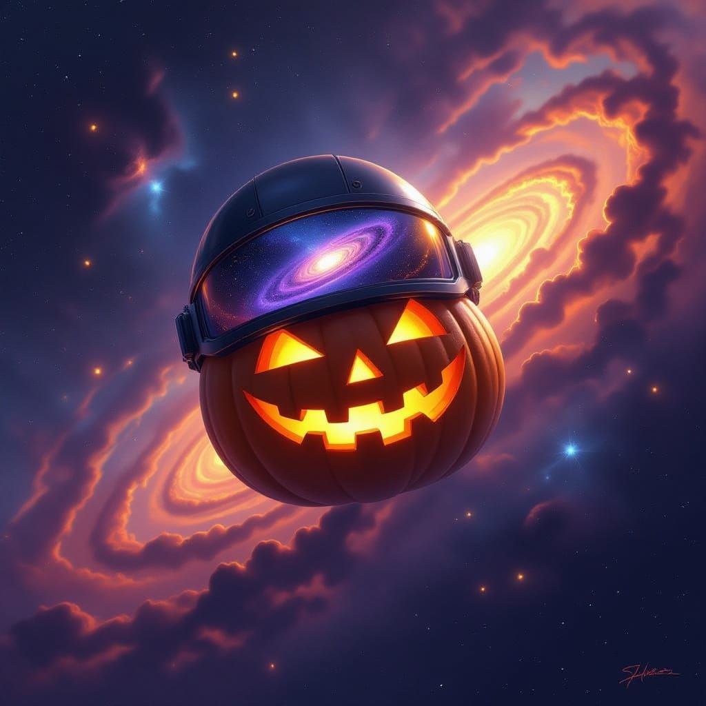 Scary Pumpkin in Cosmic Nebula, Visor Reflects Alien Galaxy