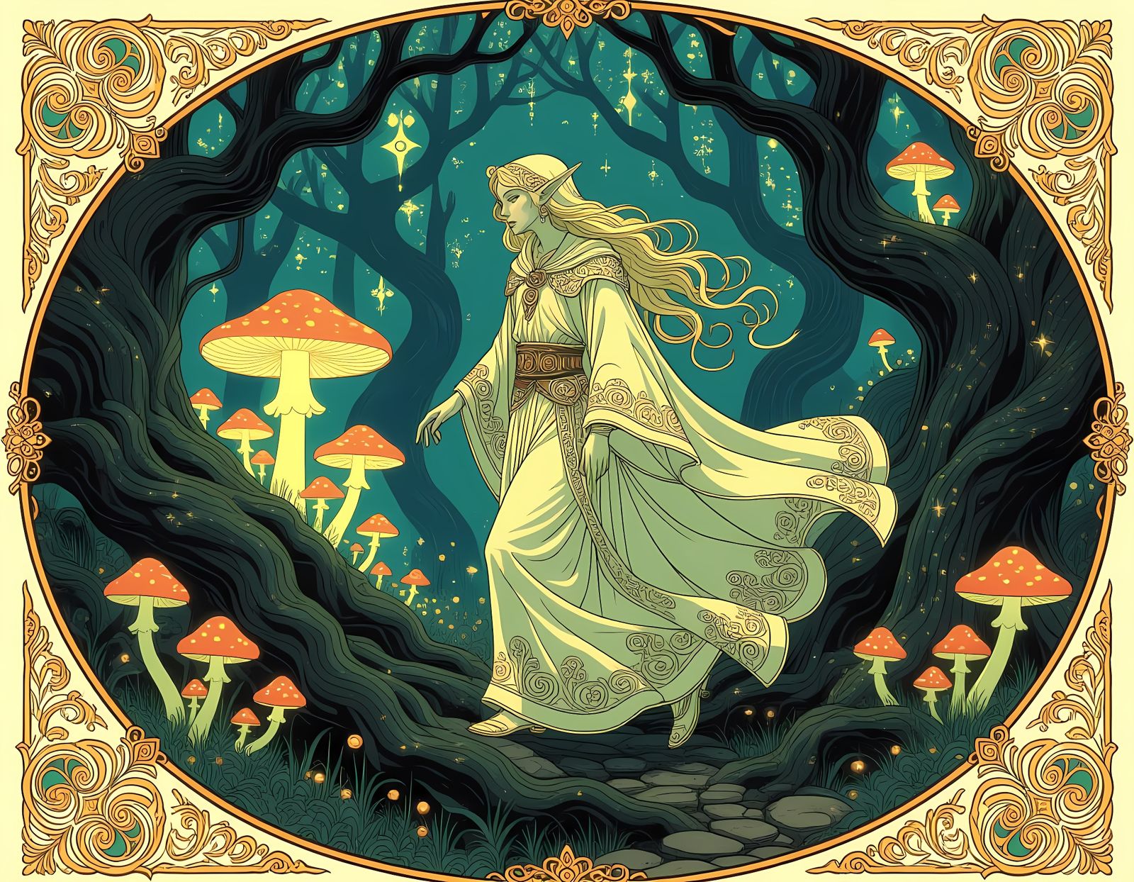 Enchanted Elf in Mystical Art Nouveau Forest