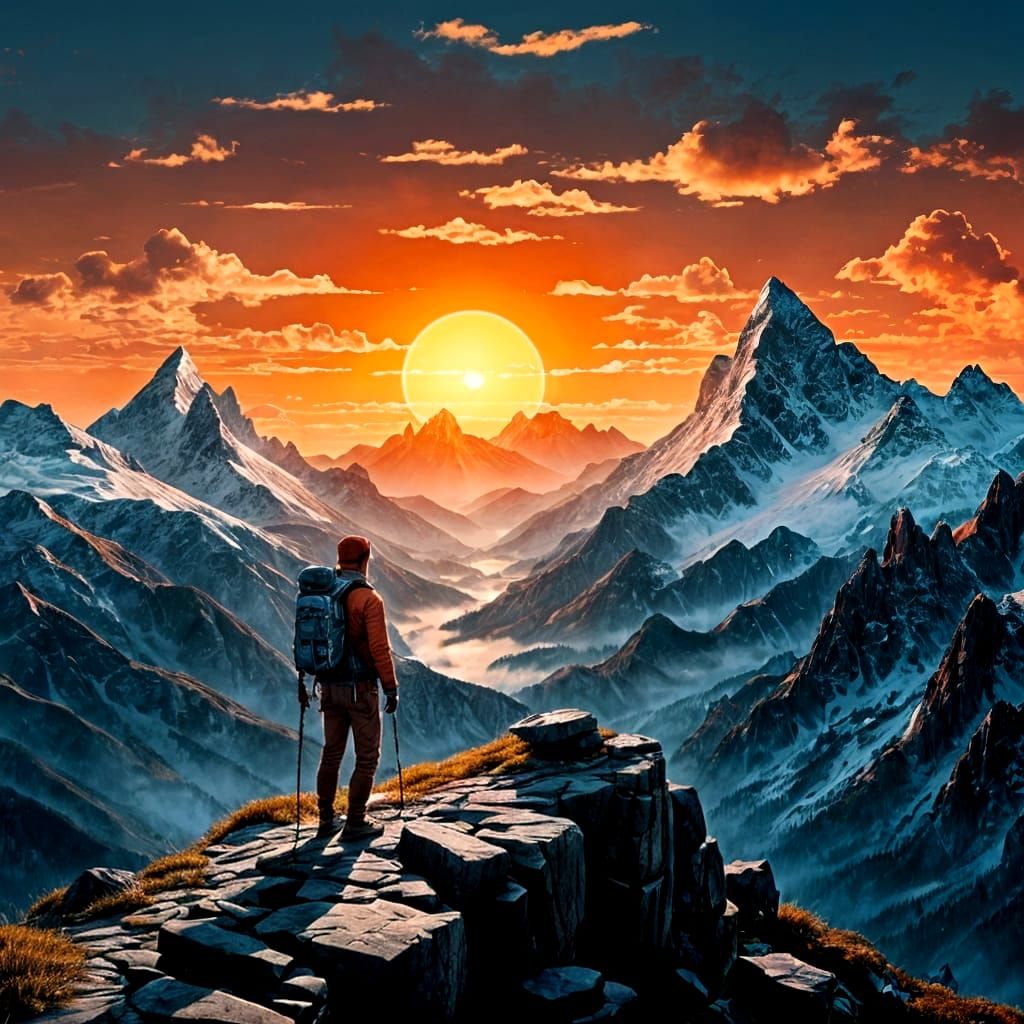 Lone Hiker Overlooks Swiss Alps At Sunset, Moebius Comic Sty...