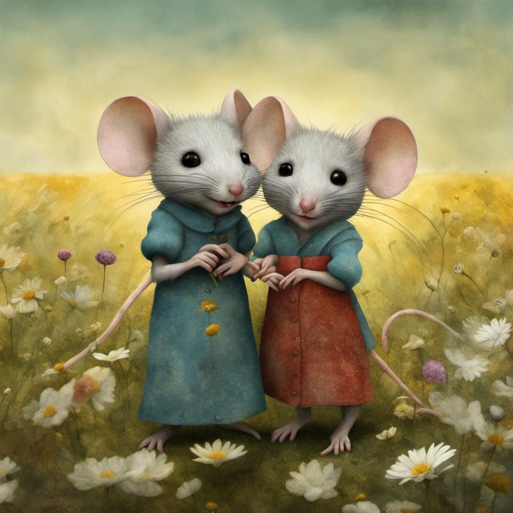 Mice in Field of Flowers, 3D Digital Art