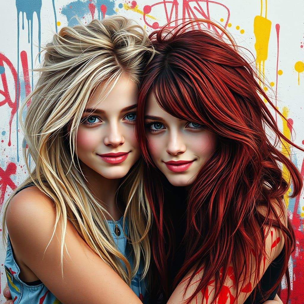 Hyperrealistic Portrait of Embracing Twin Women in Street Ar...