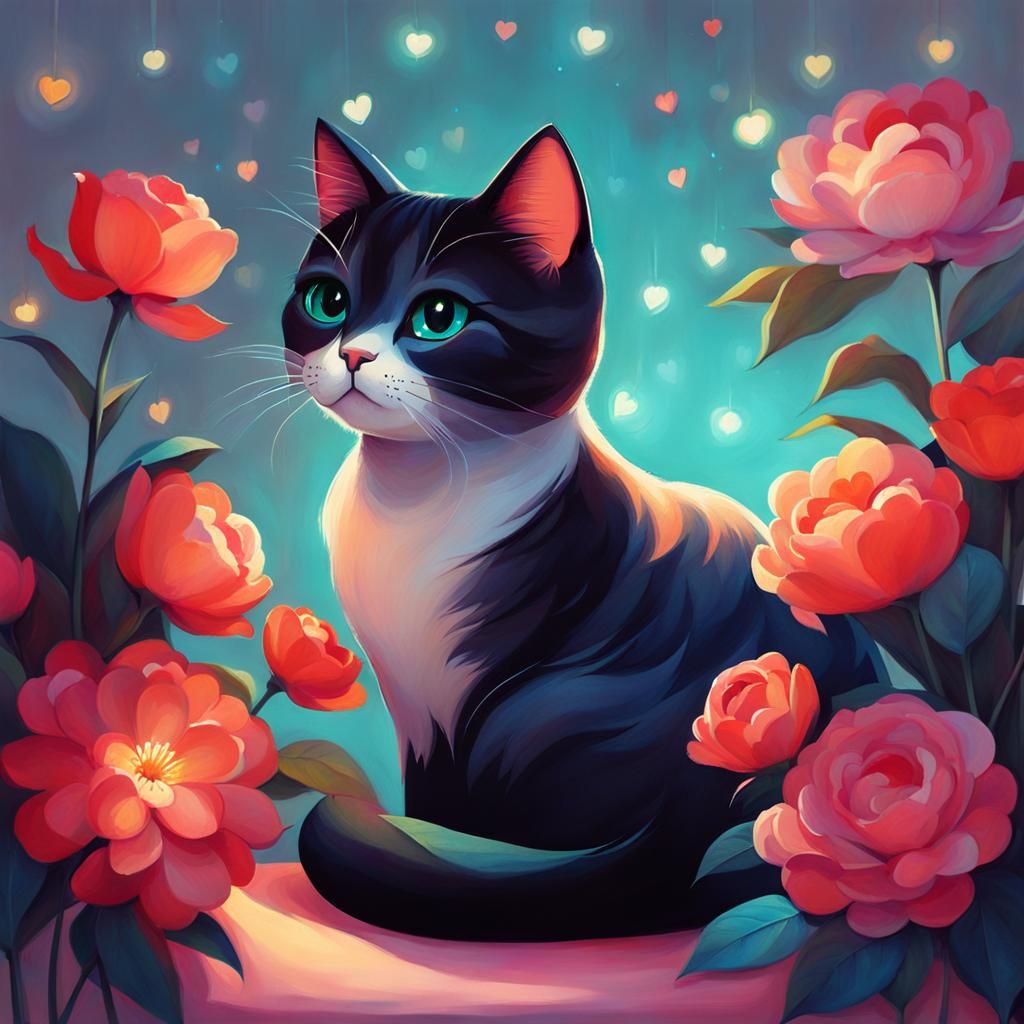 Cute Cat with Flowers, Digital Art Portrait