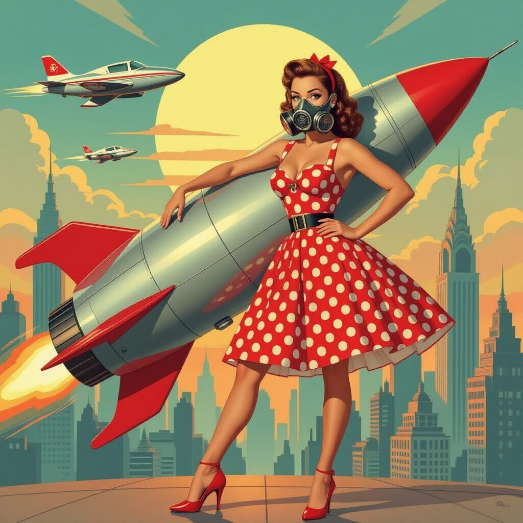 Retro-Futuristic Pin-Up Girl with Rocket in Pop Art Style