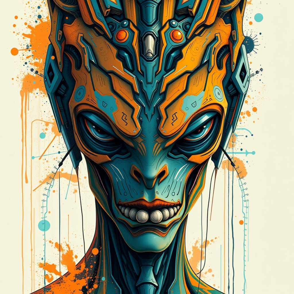 Symmetrical Alien Cyborg Portrait in Vibrant Orange and Cyan