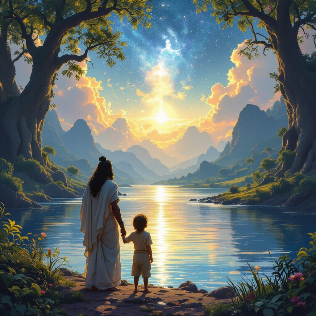 Father and Son Seek Lord Shiva in Fantastical Sky