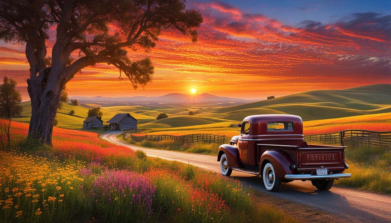 A serene country road winding through rolling hills and farmland at sunset.