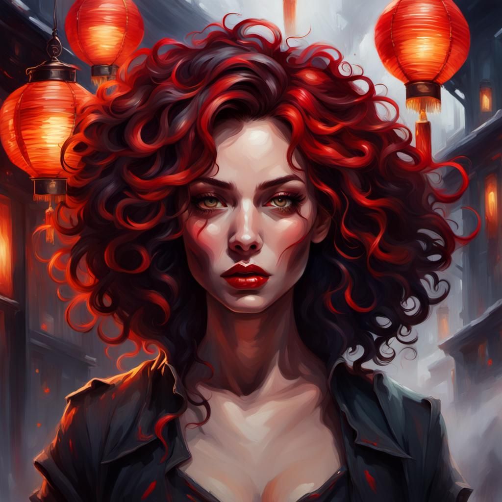 Striking Woman with Raven Hair and Fiery Smoke