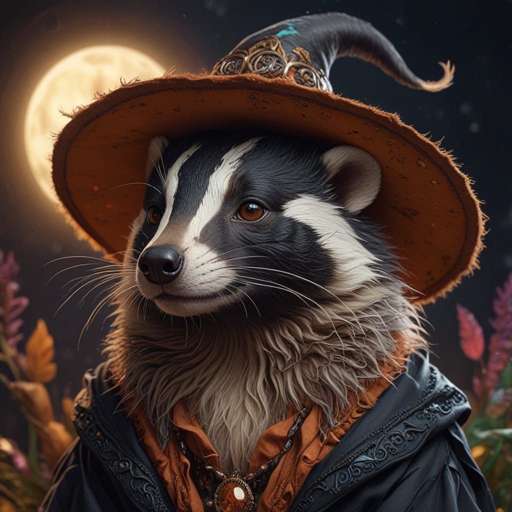 Enchanted Witch Badger Gazes Up at the Moon