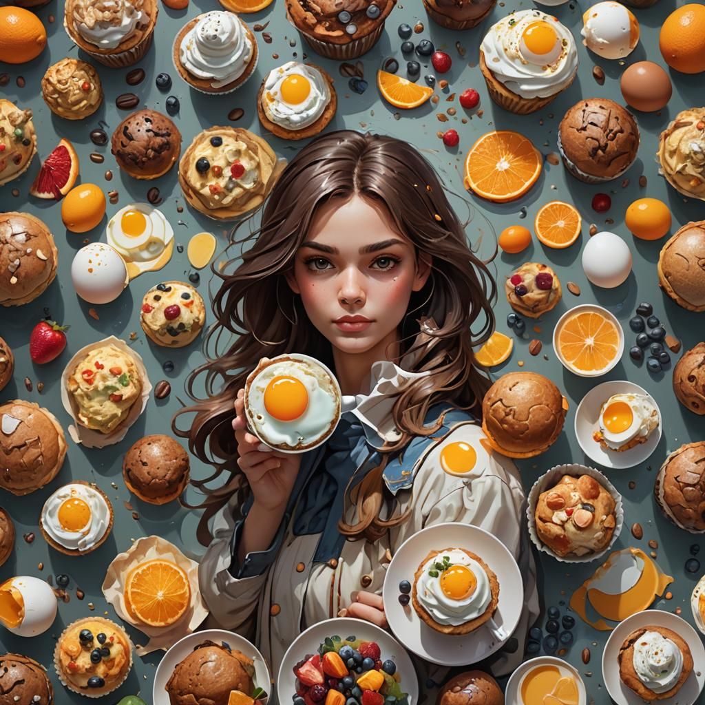 eggs, muffin, coffee, fruit, orange juice