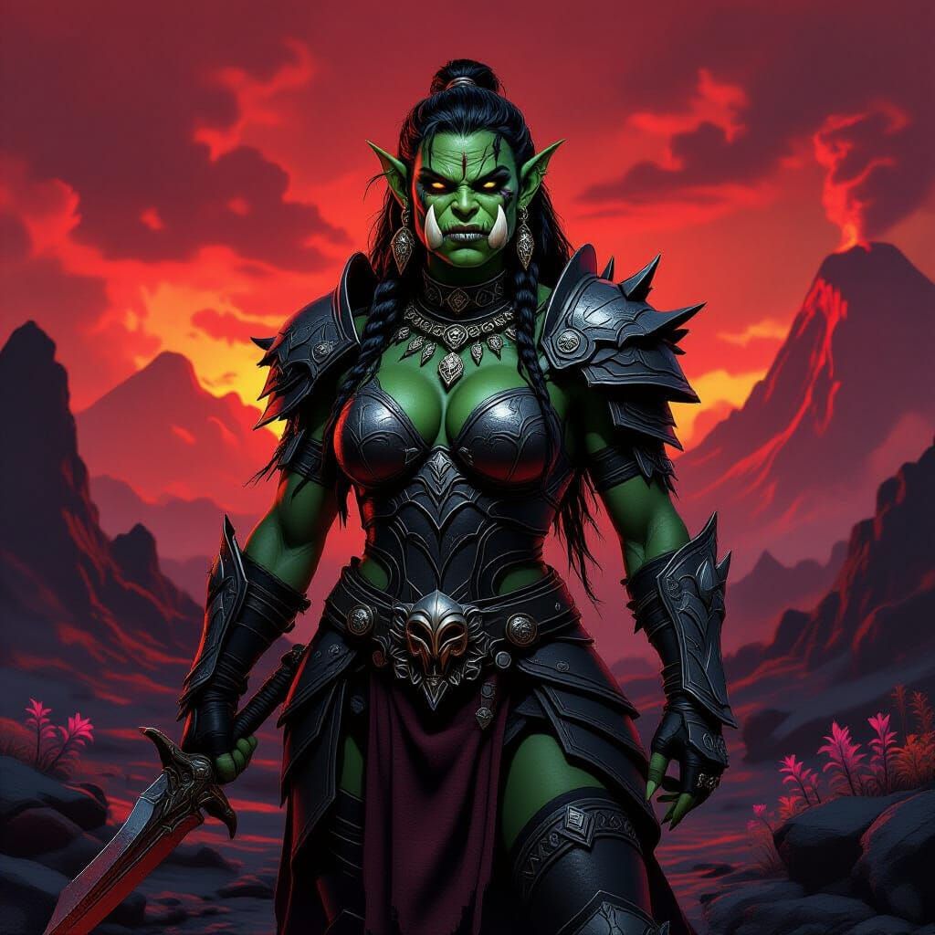 Defiant Emerald Orc in Volcanic Landscape