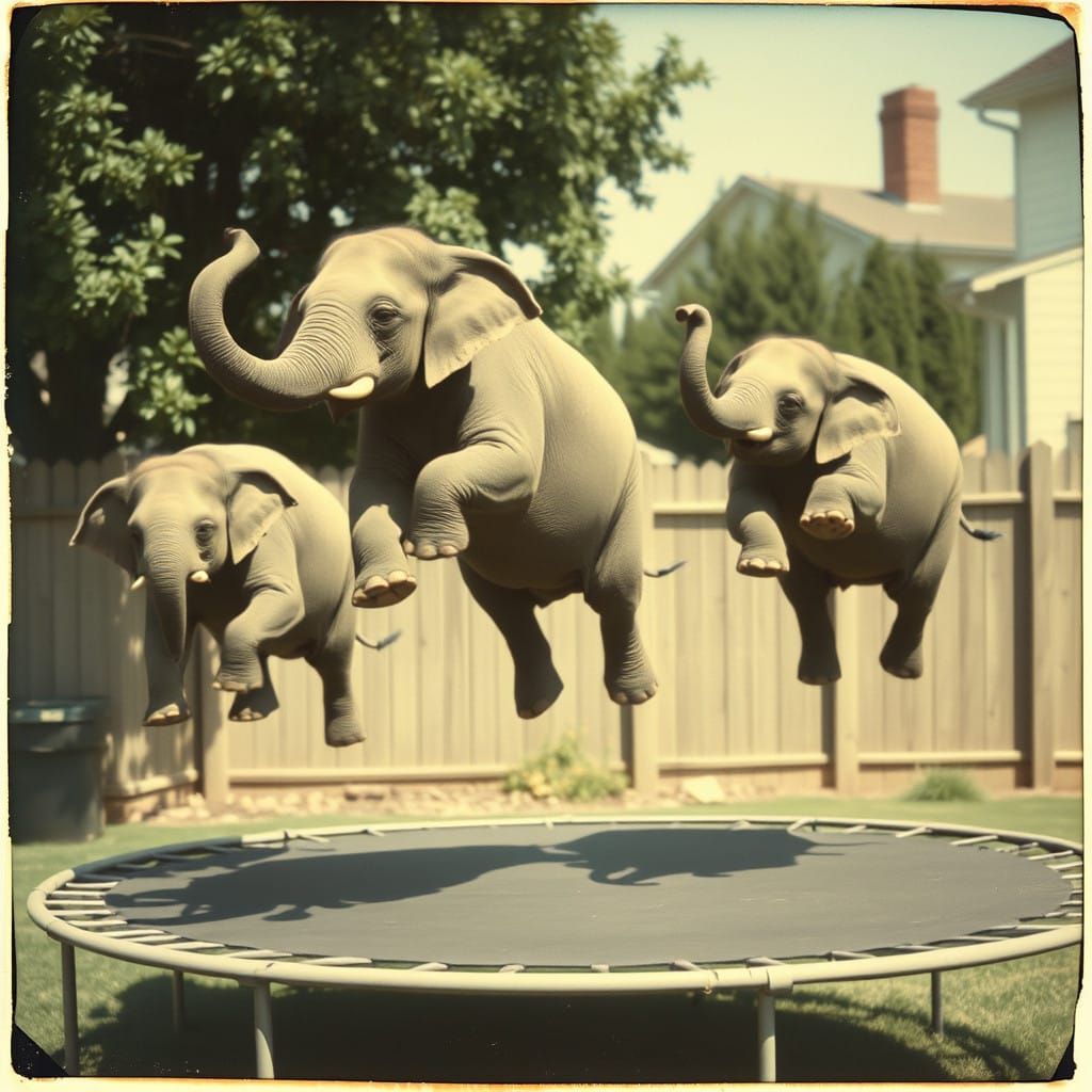 Three Elephants Freeze in a 1950s Suburban Trampoline Scene