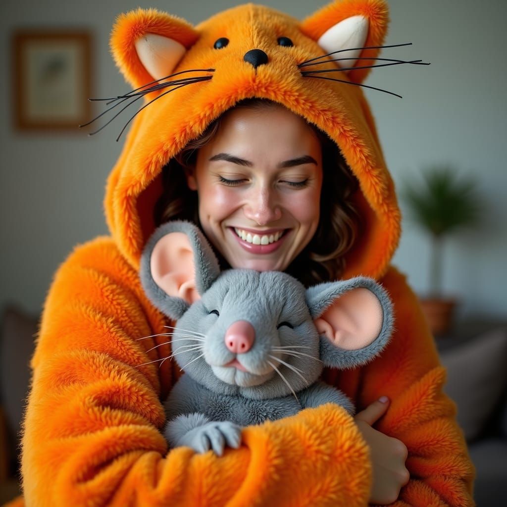 Women in Cat and Mouse Costumes Embrace