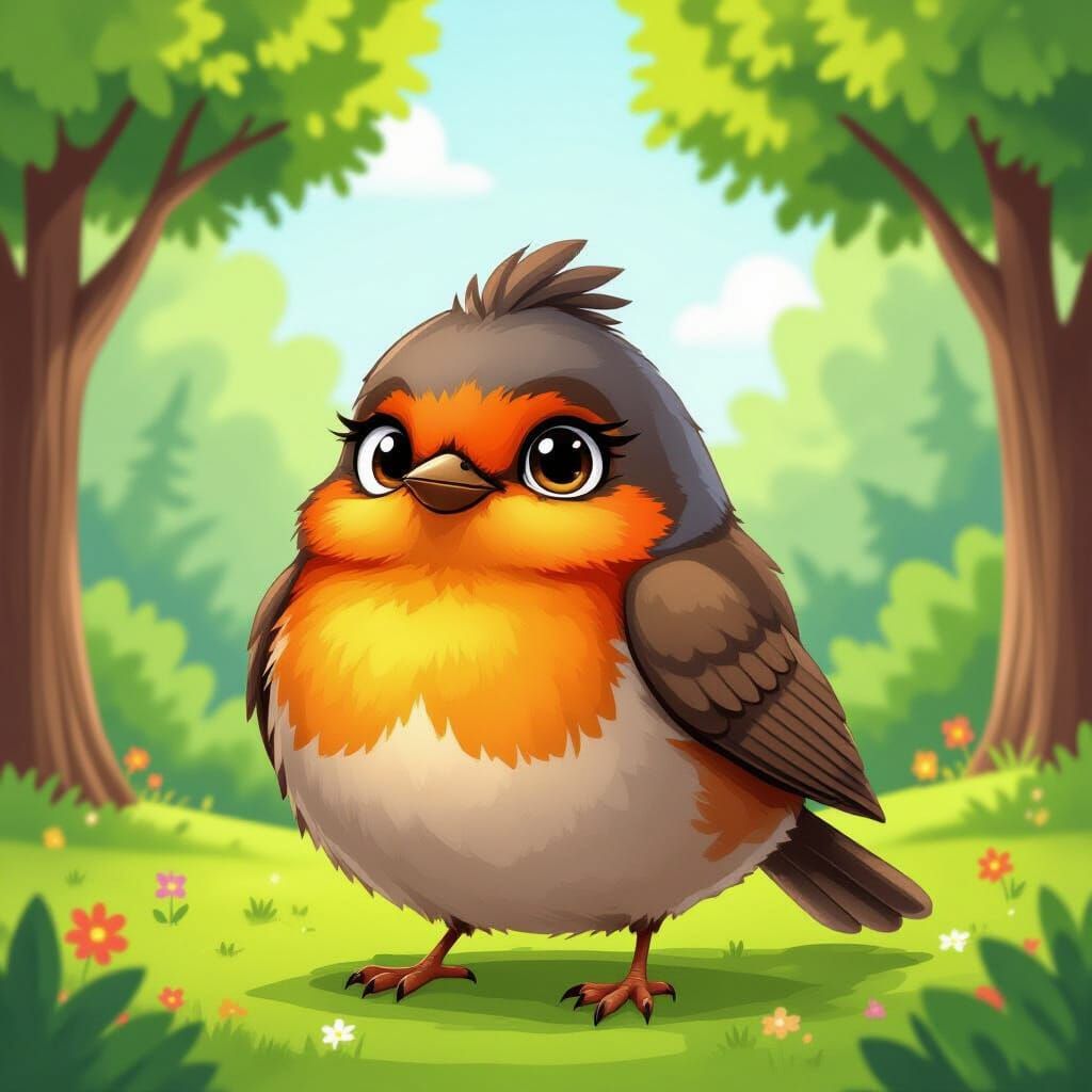 Cartoon Robin Puffed Up in Tree Background