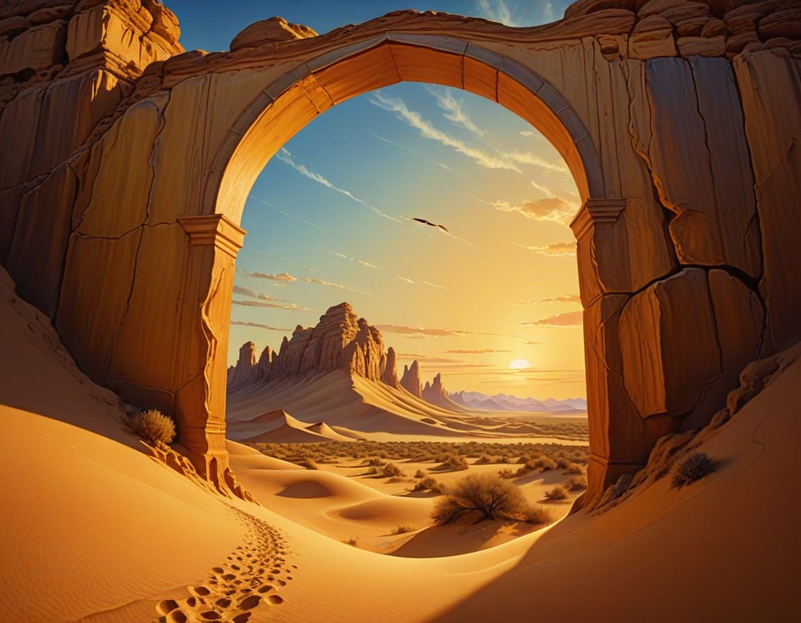Surreal Desert Archway in Oil Painting Style