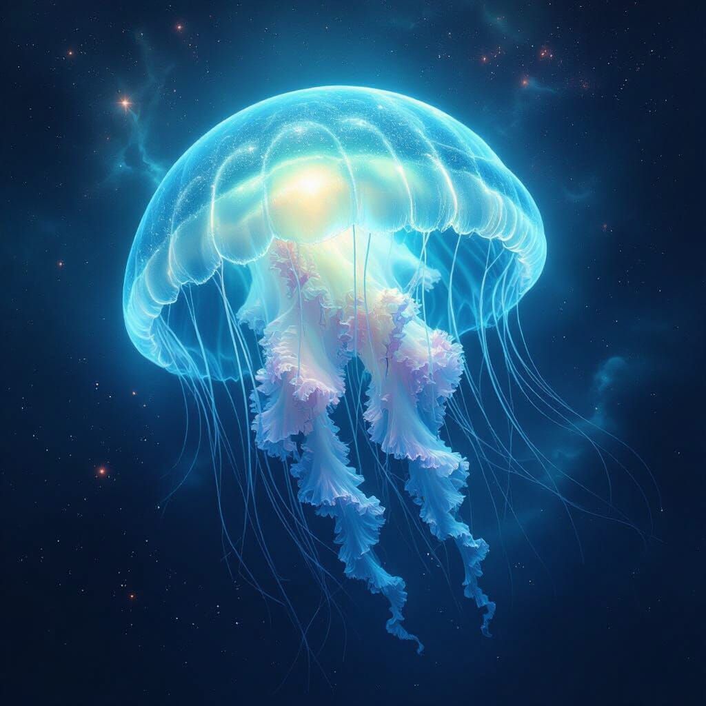 Bioluminescent Jellyfish Drifting Through Cosmic Nebula