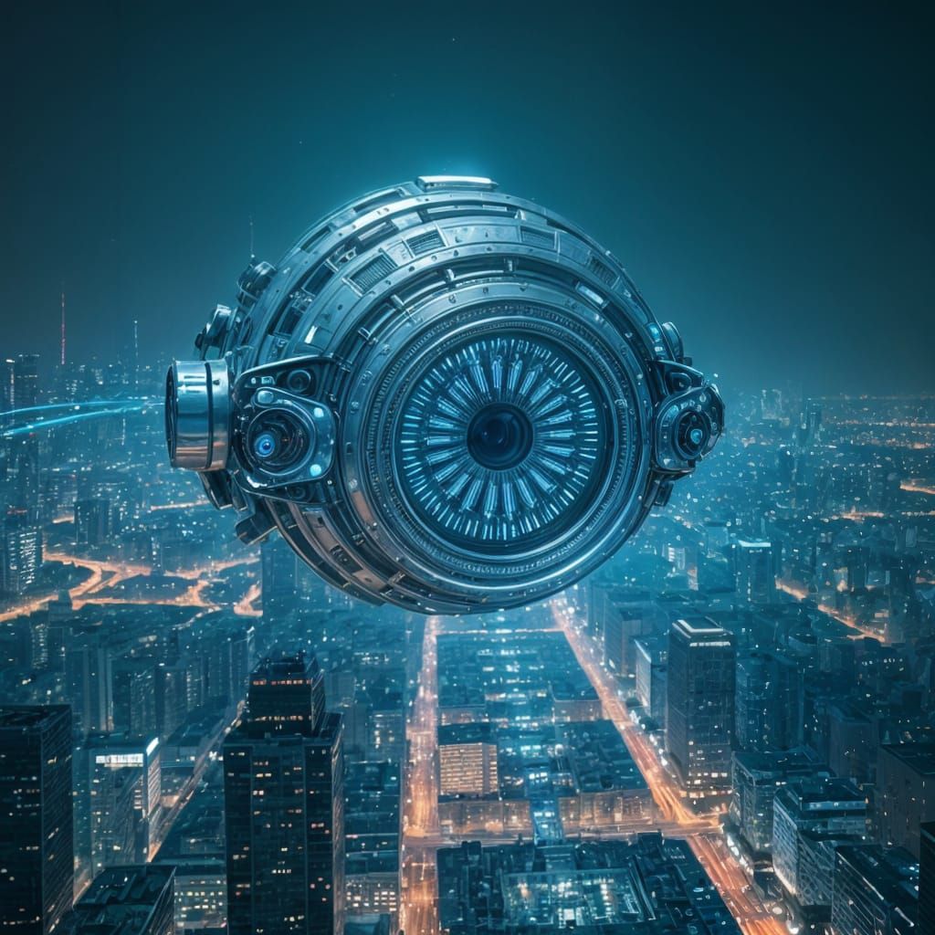 Surreal Futuristic Cityscape with Giant Mechanical AI Eye