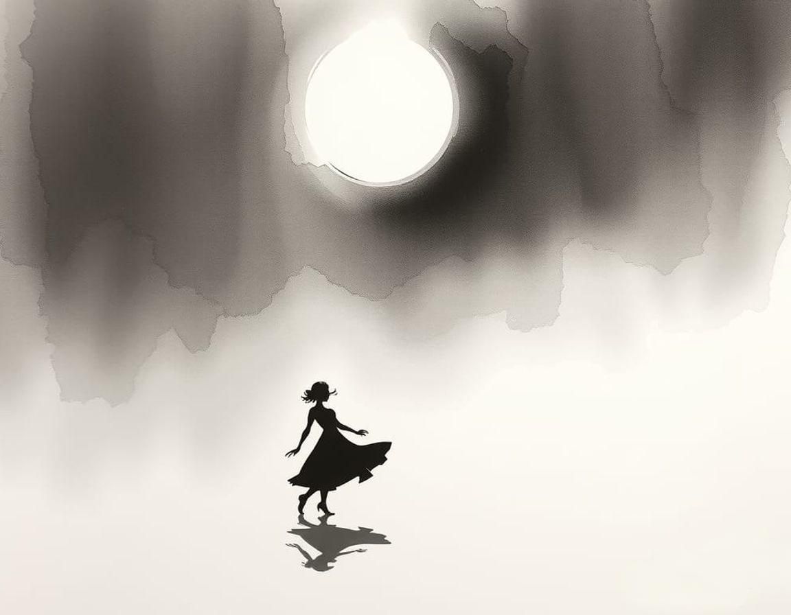 Shadow Dancer in Moonlight: Minimalist Ink Sketch