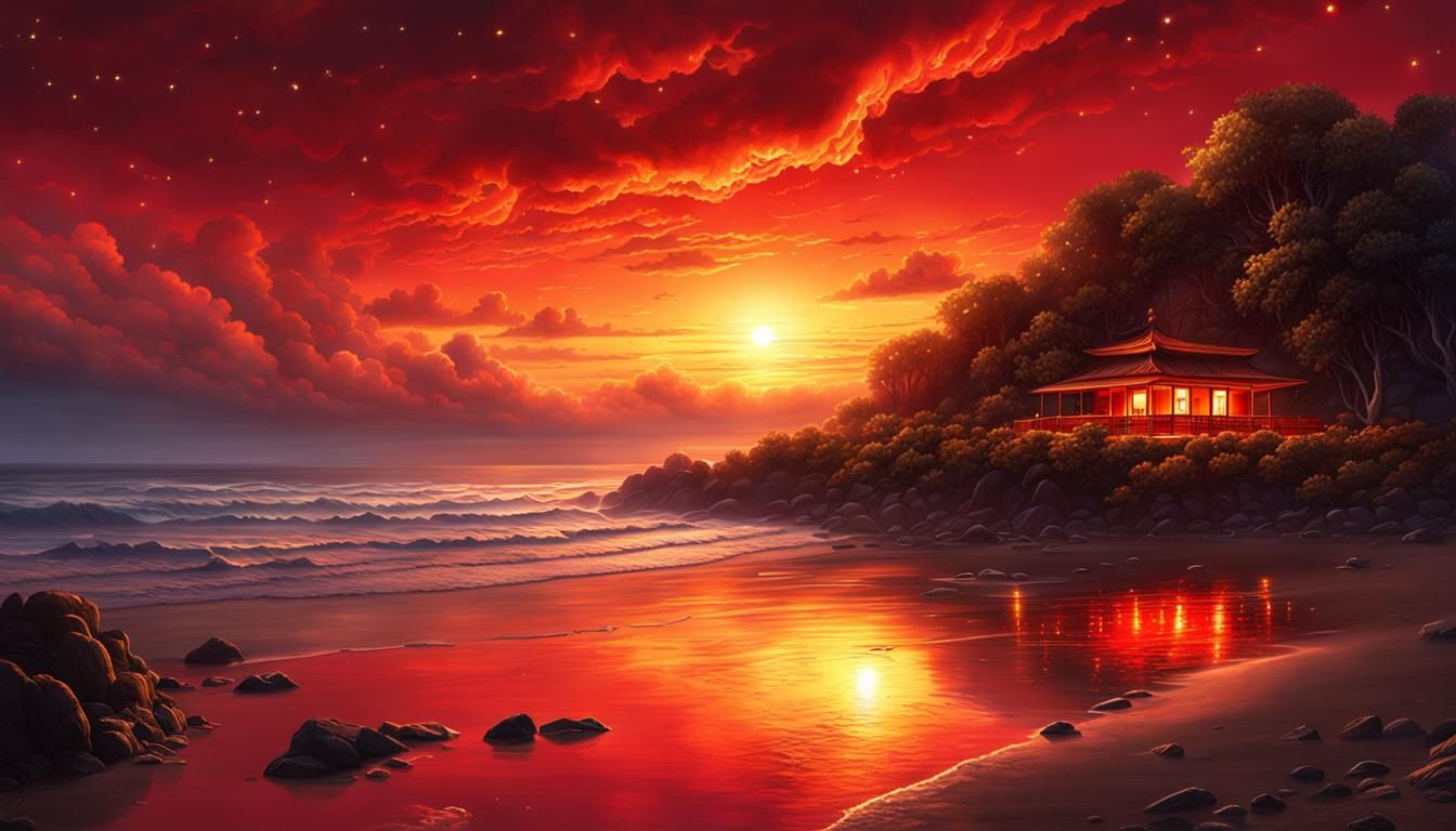 Golden Sunset on Fantasy Seashore: Anime Concept Art